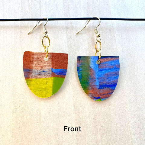 Wood Earrings #4 Hand Painted - Oblong Half Circle