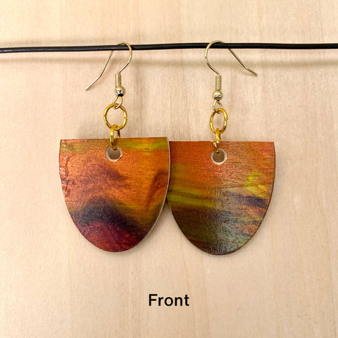 Wood Earrings #7 Hand Painted - Oblong Half Circle